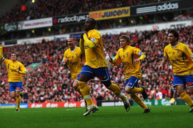 'The best moment of my life' - Richard Pacquette has just put Hawks ahead at Anfield in the FA Cup fourth round in January 2008. Photo by Mark Thompson/Getty Images.