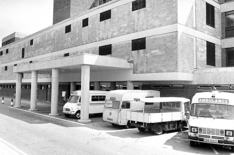 The row of ambulances ready for emergencies at Queen Alexandra Hospital in 1983. The News PP5138