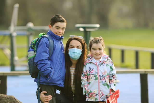 Claire Willis, middle, with her children Jacob and Amelia.

Picture: Sarah Standing (080321-2070)