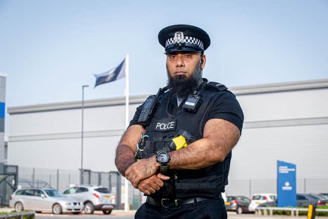 PC Khurram Masood talked with a suicidal man in the 2.5 hours he was alone with him on a balcony

Pictured: PC Khurram Masood outside Hampshire Constabulary Eastern Police Investigation Centre, Portsmouth on 22 July 2021

Picture: Habibur Rahman