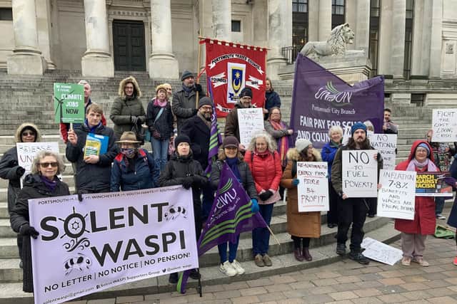 Union members united on the steps of the Portsmouth Guildhall in protest of the cost of living on Marh 5, 2022. Picture: Jon Woods