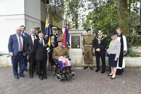 New memorial unveiled in Portsmouth to commemorate 2.2m national servicemen who served in the British Armed forces between 1947 and 1963. Michael Homer, of Fareham, launched a fundraising campaign for the plaque. This fundraising included a plaque-a-thon by visiting towns by rail. Picture: Sarah Standing (100823-7638)