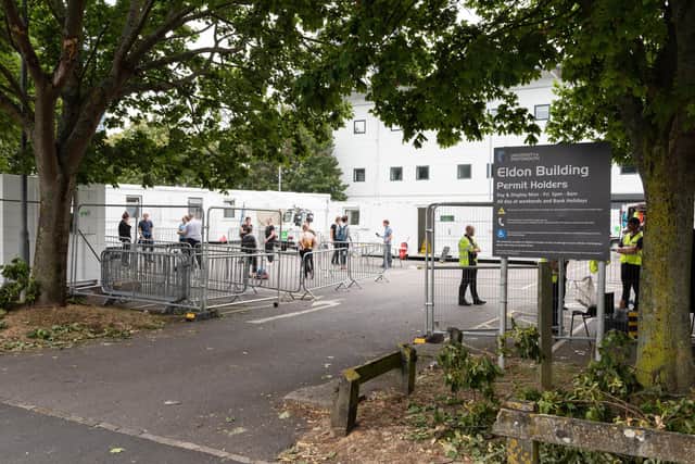 The Covid-19 testing site in the car park of the University of Portsmouth's Eldon building in Middle Street, Southsea. Picture: Duncan Shepherd