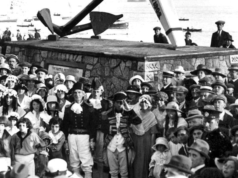 The Portsmouth pageant, possibly from 1905 a century after Trafalgar, with 'Nelson' and 'Captain Hardy' visiting Victorys anchor. Picture: Barry Cox 