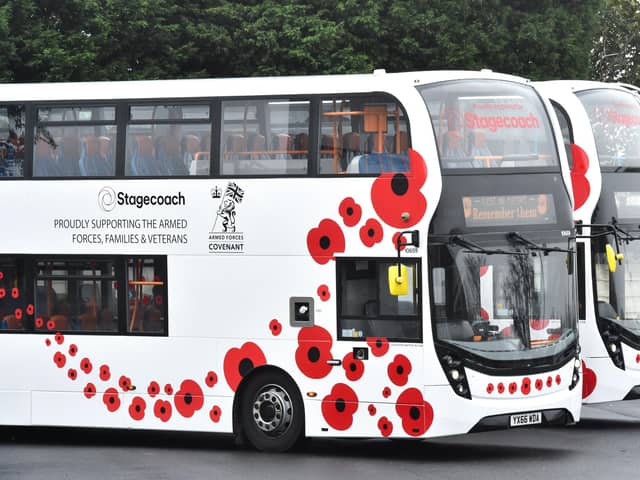 Poppy decorated Stagecoach buses
