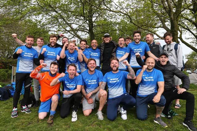 Milton Rovers celebrate winning the City of Portsmouth Sunday League Division 1 title after a 2-1 victory over AFC Southdowns at Farlington. Picture: Chris Moorhouse