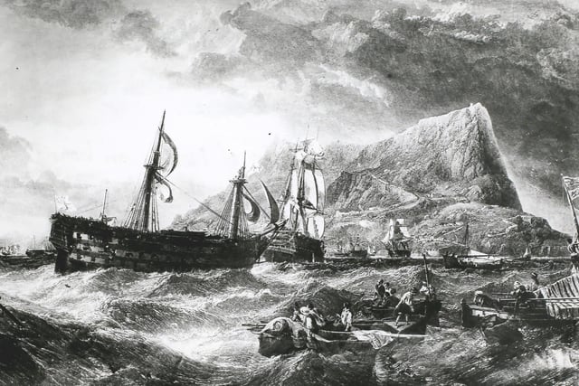 The ‘HMS Victory’ being towed into Gibraltar with the body of British naval officer Horatio Nelson, the day after the Battle of Trafalgar during the Napoleonic Wars, 22nd October 1805. An engraving after Clarkson Frederick Stanfield, RA. (Photo by Hulton Archive/Getty Images)