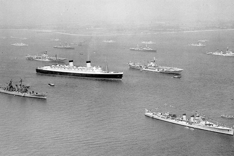 Vessels line up off Spithead for the Coronation Review in June 1953 as the liner SS Queen Elizabeth passes Picture from Portsmouth From The Air, a book by Tony Triggs