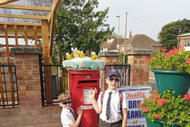 Thomas and Noah at the post box at Bedhampton Post Office on Park Lane
