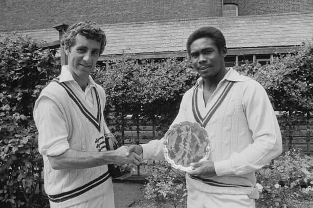 Gordon Greenidge receives a silver salver from England's Mike Brearley ahead of the fifth Test at The Oval in 1976 - Greenidge had scored three centuries in the previous two Tests and therefore won the Evening Standard's Cricketer of the Month award for July. Photo by Evening Standard/Hulton Archive/Getty Images.
