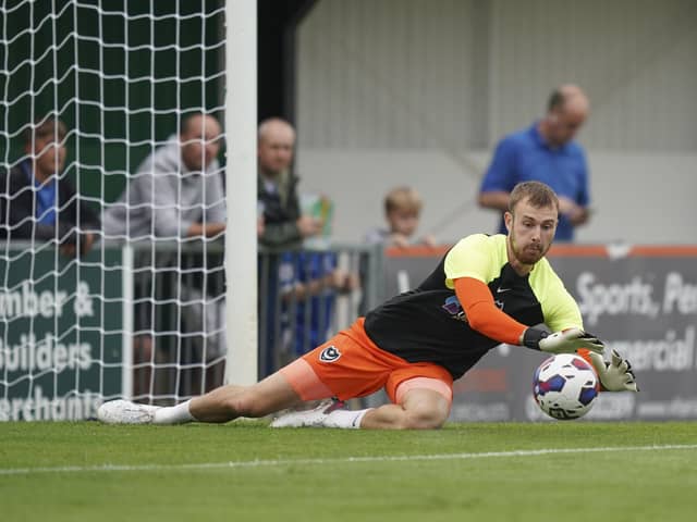 Pompey keeper Will Norris warming up ahead of tonight's friendly at the Rocks. Picture: Jason Brown/ProSportsImages
