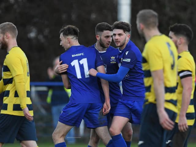 Baffins Milton Rovers celebrate Harry Sargeant's goals in their 2-1 win against Hamworthy last December, the Hammers' only league loss of the season in 38 games. Picture: Neil Marshall