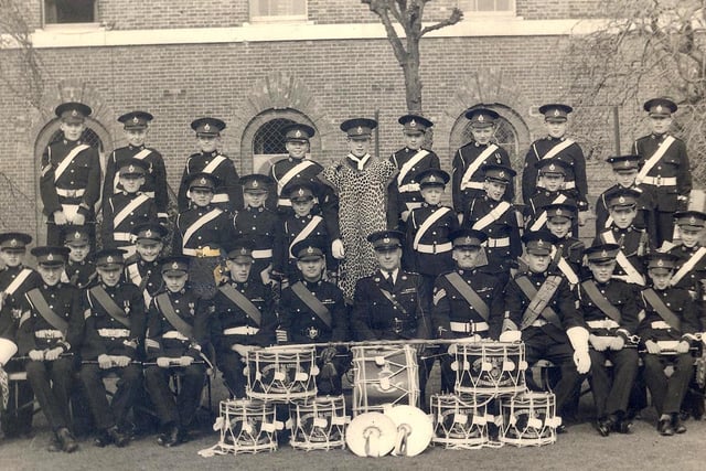 Royal Marine Cadet Band, Eastney Barracks, 1950. The full title of the band is Royal Marine Cadet Fife and Drum Band taken in 1950.