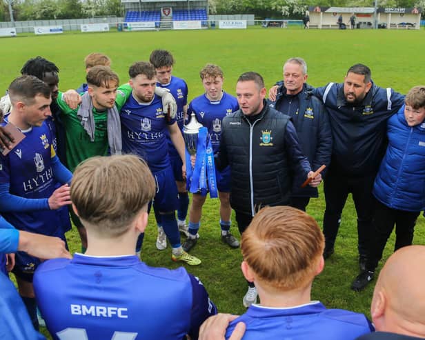 Baffins boss Danny Thompson speaks to his players after their Wessex League Cup final win over Petersfield in May 2023. Picture by Nathan Lipsham