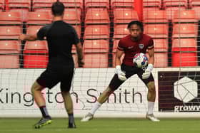 Pompey new-boy Josh Oluwayemi warming up before Tuesday night's friendly at Leyton Orient. Picture: Simon Roe/ProSportsImages