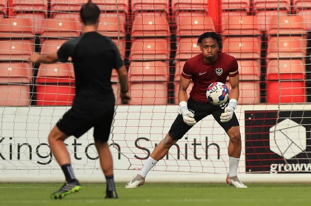 Pompey new-boy Josh Oluwayemi warming up before Tuesday night's friendly at Leyton Orient. Picture: Simon Roe/ProSportsImages
