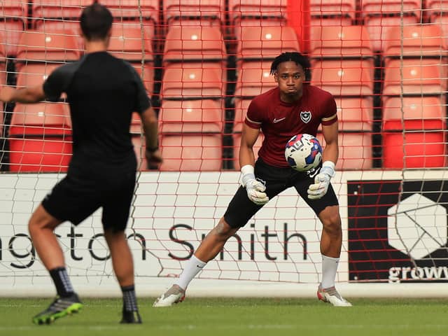Pompey new-boy Josh Oluwayemi warming up before Tuesday night's friendly at Leyton Orient. Picture: Simon Roe/ProSportsImages