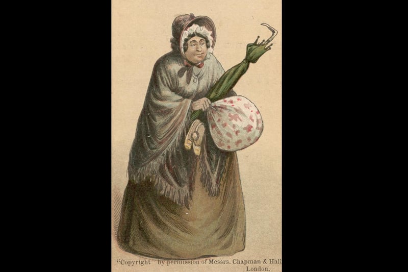 Mrs Gamp from 'Martin Chuzzlewit' by Charles Dickens, in an advertisement for Van Houten's Cocoa. The caption reads 'I said to Mrs Harris, Mrs Harris says I, try Van Houten's Cocoa'.  Original Artwork: Illustration by Phiz   (Photo by Hulton Archive/Getty Images)