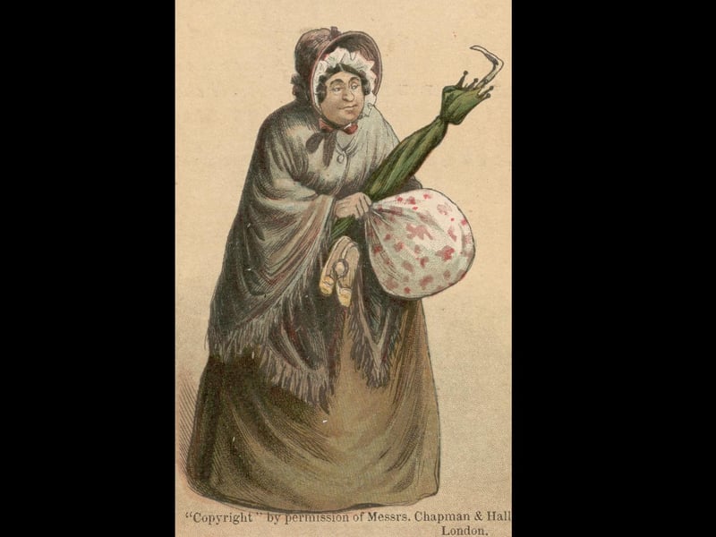 Mrs Gamp from 'Martin Chuzzlewit' by Charles Dickens, in an advertisement for Van Houten's Cocoa. The caption reads 'I said to Mrs Harris, Mrs Harris says I, try Van Houten's Cocoa'.  Original Artwork: Illustration by Phiz   (Photo by Hulton Archive/Getty Images)
