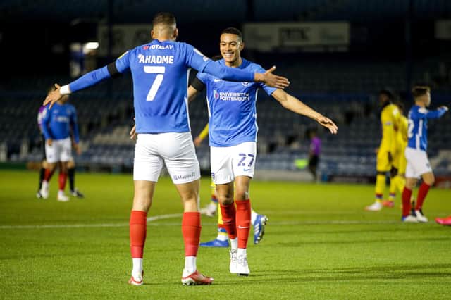 Miguel Azeez celebrates with Gassan Ahadme after opening the scoring for Pompey against Crystal Palace Under-21s. Picture: Robin Jones/Digital South