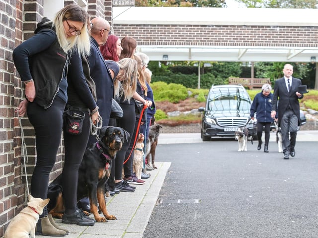 Funeral of Rosemary (Rosie) Chase at Portchester Crematorium. Rosie Chase died suddenly from a brain tumour on August 31, aged 42. She worked part time as a dog trainer and her friends and colleagues at The Academy of Modern Canine Behaviour and training formed a dog line for her as she enters the chapel.

Picture: Stuart Martin