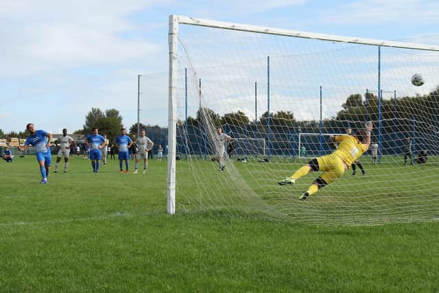 Milton Rovers score a penalty in their 4-2 win over Port South in the Portsmouth Sunday League. Picture: Kevin Shipp.