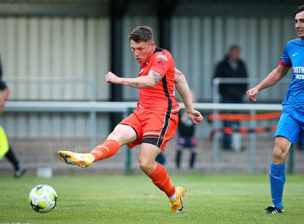 Kieran Roberts opens the scoring for AFC Portchester against Fareham Town. Picture: Chris Moorhouse
