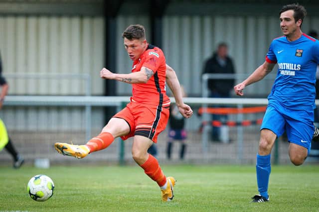 Kieran Roberts opens the scoring for AFC Portchester against Fareham Town. Picture: Chris Moorhouse