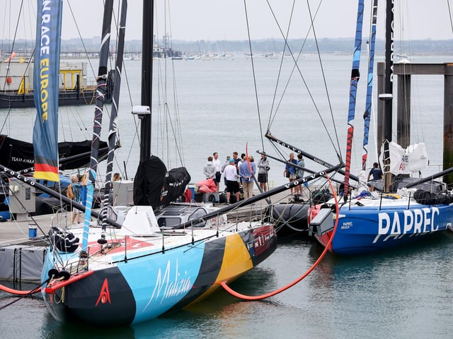 Moored IMOCA 60 racing yachts.  Picture: Chris Moorhouse (160825-08)