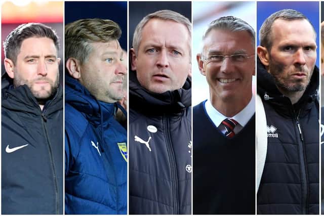The managers involved in the play-off picture (from left) Sunderland's Lee Johnnson, Oxford United's Karl Robinson, Blackpool's Neil Critchely, Charlton's Nigel Adkins, Lincoln's Michael Appleton and Pompey's Danny Cowley