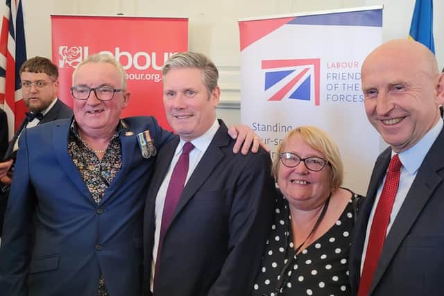 Pictured left to right: Chris Purcell, 63, of Fratton, with Labour leader Sir Keir Starmer, Louise Purcell, and Labour's shadow defence secretary John Healey