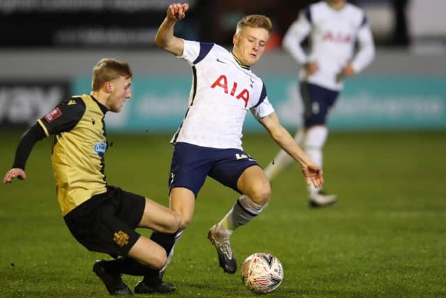 Harvey White, seen here in action against Marine, has signed on loan for the rest of the season. Picture: Clive Brunskill/POOL/AFP via Getty Images