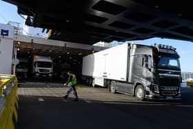 A lorry carrying freight cargo disembarks from a Brittany Ferries service from Caen to Portsmouth International Ferry Port  in January 2019. Picture: Leon Neal/Getty Images