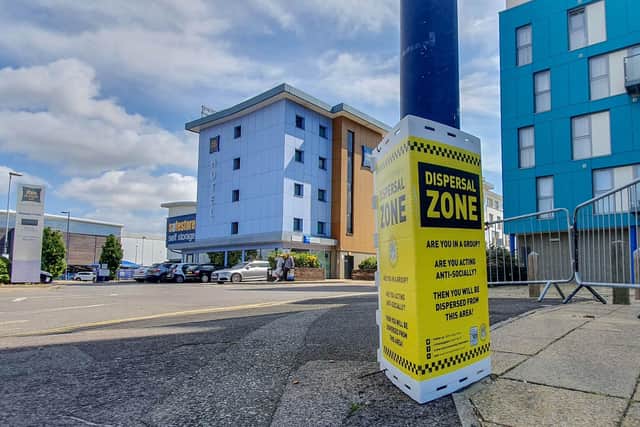 Anti-social dispersal order sign outside Ibis Hotel, Portsmouth on 22 June 2020.
Picture: Habibur Rahman