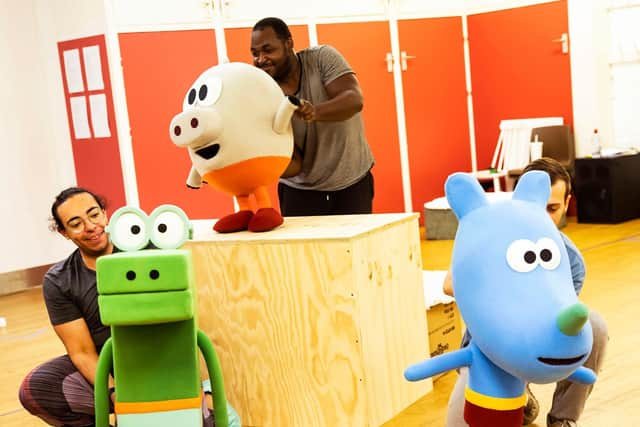 Kaidyn Niall Hinds, Clarke Joseph-Edwards and Vinnie Monachello in rehearsals for Hey Duggee The Live Theatre Show. Photography by Pamela Raith.