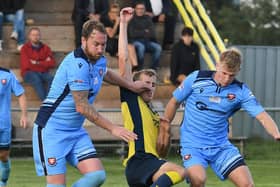 AFC Portchester defender Sam Pearce, left, returns to former club Farnborough in the Hampshire Senior Cup semi-final tomorrow night Picture: Neil Marshall