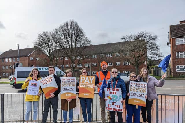 Junior doctors on strike near the Queen Alexandra Hospital, Cosham, on Tuesday, April 11.