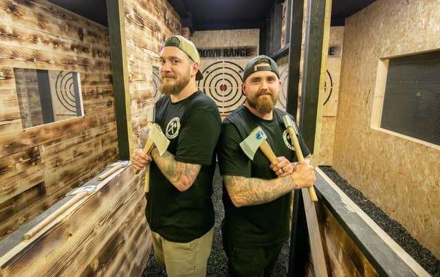 New axe throwing venue,
Down Range Axe Throwing at Gosport has opened on Thursday 16th November 2023.
Pictured: Ben Davis and Colin Smith
Picture: Habibur Rahman