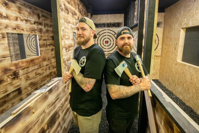 New axe throwing venue, 
Down Range Axe Throwing at Gosport has opened  on Thursday 16th November 2023.

Pictured:  Ben Davis and Colin Smith

Picture: Habibur Rahman
