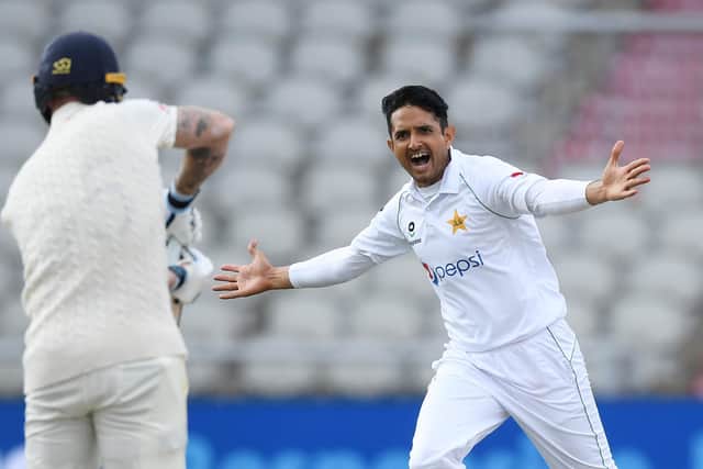 Mohammad Abbas celebrates the wicket of Ben Stokes during a Test at Old Trafford last year. Photo by Gareth Copley/Getty Images for ECB.