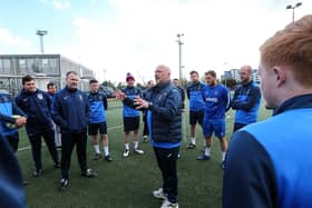 Manager Glenn Turnbull talks to his US Portsmouth squad ahead of Tuesday's training session at HMS Temeraire. Picture: Chris Moorhouse