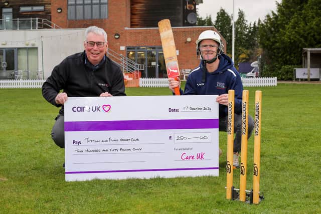 Justin Daley, Development Project Manager presents a cheque to Simon Preston, Club Captain of Totton and Eling Cricket Club