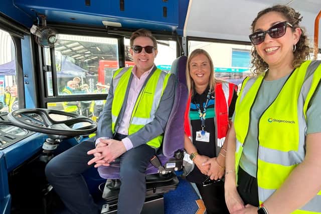 Cllr Chris Attwell, Operations Manager Carol Sim and Passenger Trnasport Manager Lisa Cook