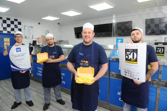 Scott's Plaice in Gregson Avenue, Gosport, has been placed in the Top 50 for Best Takeaways in 2020 and also won the Good Food Award for Fish and Chips.Pictured is: (l-r) Joshua Austin, Steven King, Scott Turner and Joshua Noyce.Picture: Sarah Standing (241020-6753) 