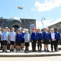 Portsmouth Music Hub launched their Pompey Sculpture Trail on Friday, July 1, outside The Hotwalls Studios in Old Portsmouth.Pictured is: Westover Primary School children from Year 1 Dolphins.Picture: Sarah Standing (010722-1139)