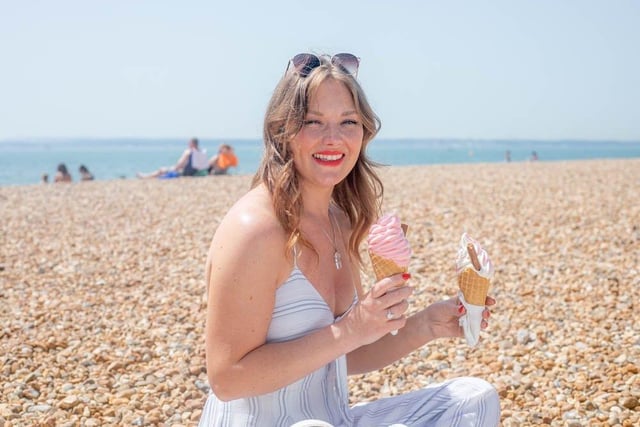 Carrie Nightingale enjoying a couple of ice creams on Southsea beach