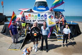 Crew from Hovertravel and Isle of Wight Pride fronted by Fanny Quivers and Pat Sowerbutts, commercial manager at Hovertravel