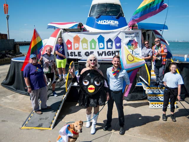 Crew from Hovertravel and Isle of Wight Pride fronted by Fanny Quivers and Pat Sowerbutts, commercial manager at Hovertravel