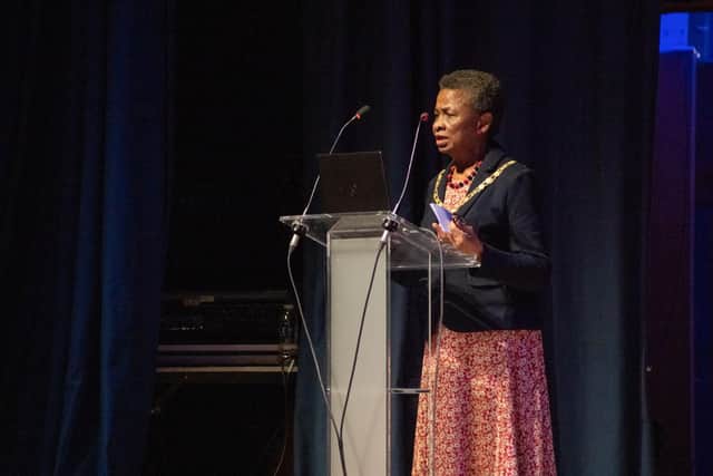 Lady Mayoress Marie Costa speaking at the How to Grow: Management event at Portsmouth Guildhall