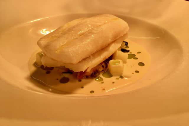 Grilled plaice, mussel sauce and parsley oil, by Lawrence Murphy
